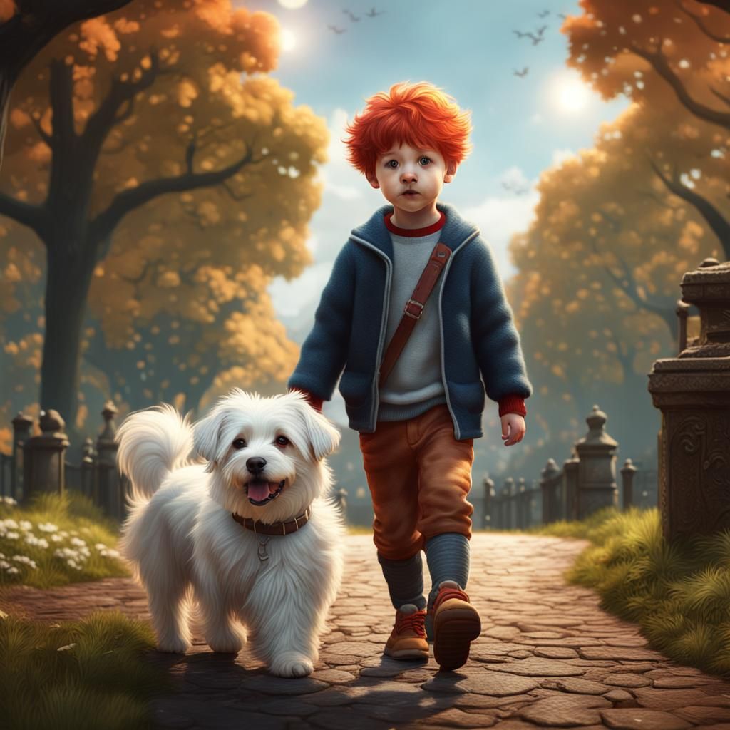 Boy and Dog in Park, Detailed Matte Painting
