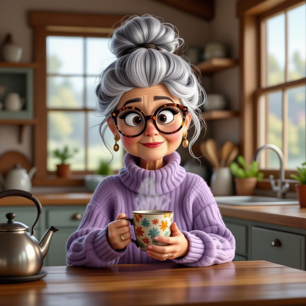 Sassy Older Woman Holding Steaming Mug in Rustic Kitchen