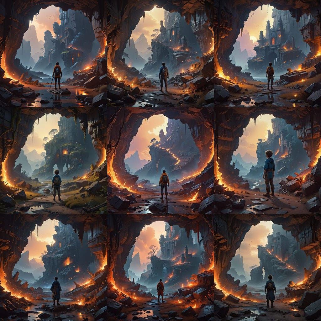 Young Boy Stands Before a Cave Amidst a Desolate Landscape o...