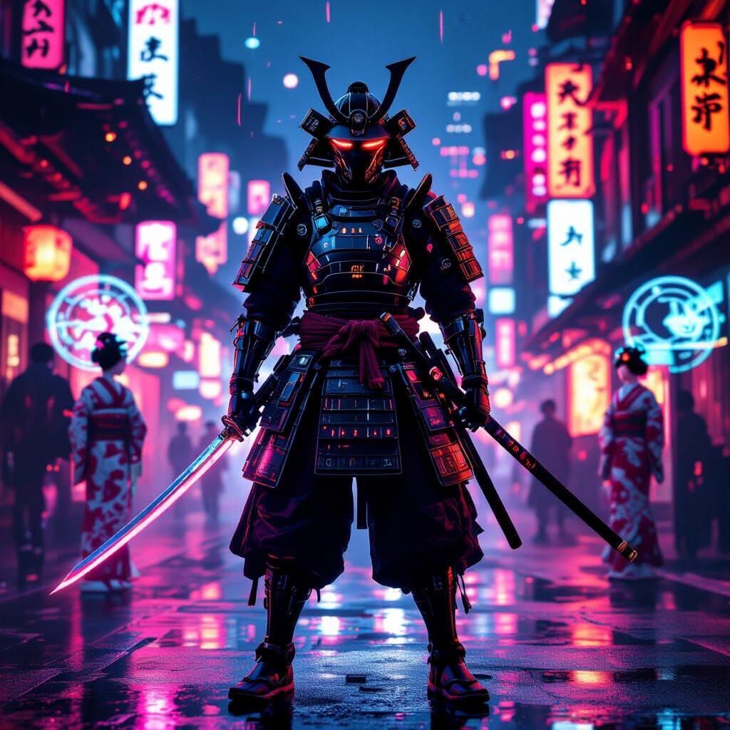 Cyberpunk Samurai Silhouette in Neon Cityscape