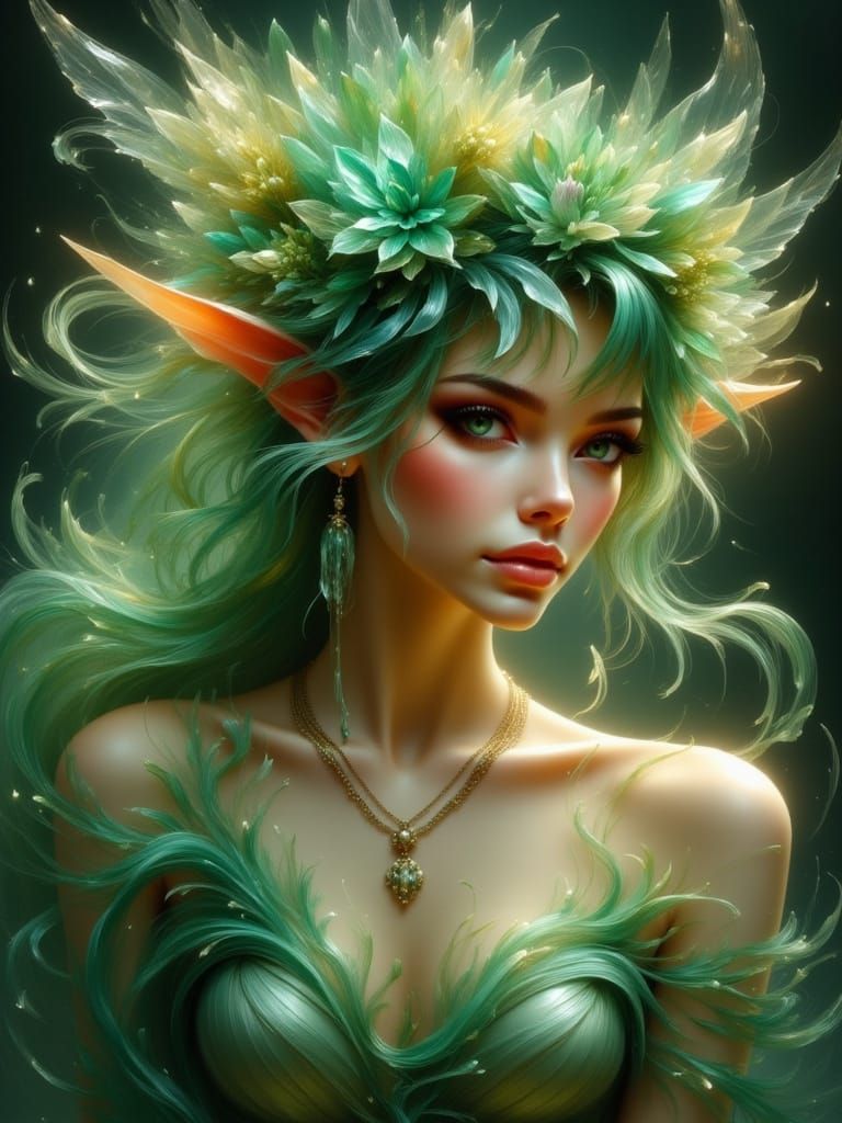 Ethereal Elf with Emerald Eyes in Fantasy Forest