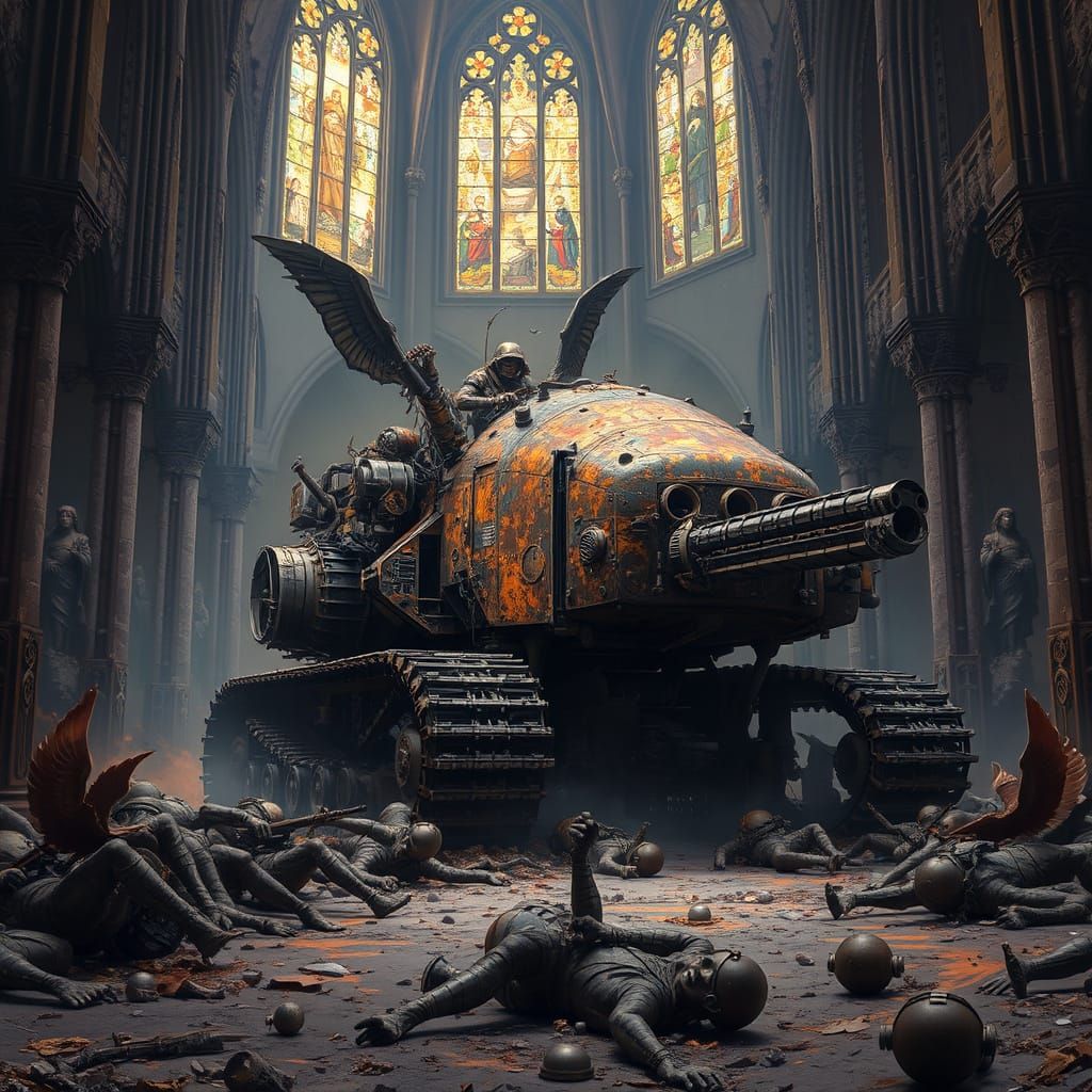 Biomechanical Gothic War Machine in Ruined Cathedral