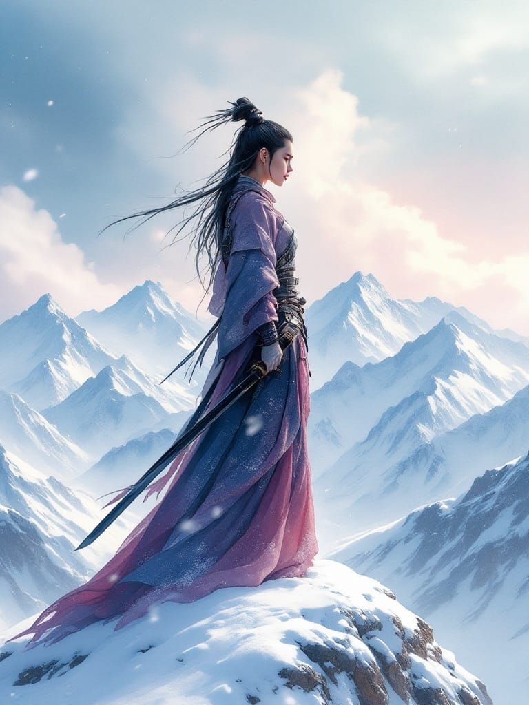 Samurai Woman in Serene Watercolor Landscape