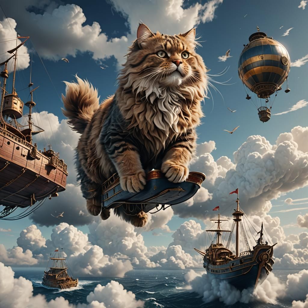 Fluffy Cat on Flying Ship in Clouds