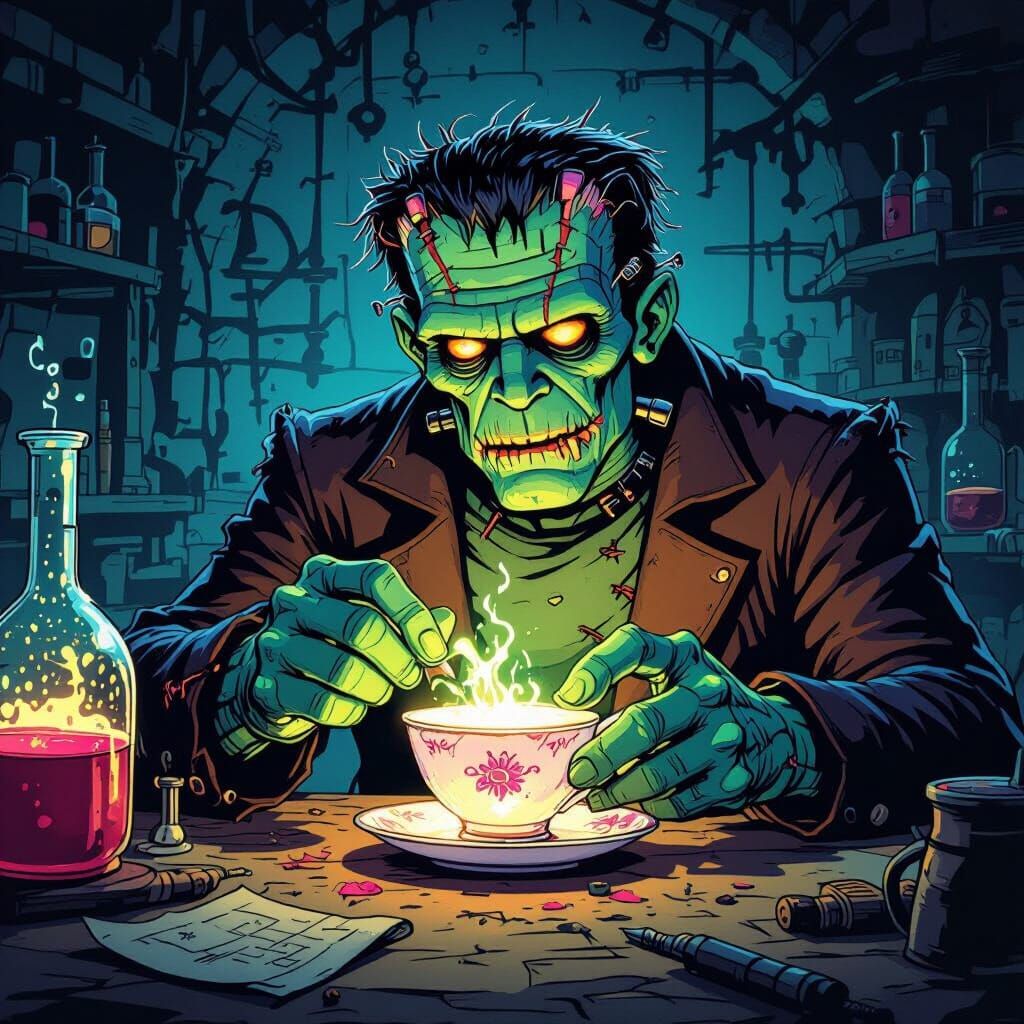 Frankenstein Crafts Ectoplasm Teacup in Comic Style