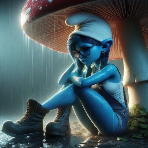 Hyper Realistic Smurf Girl Under Mushroom in Rainy Mood