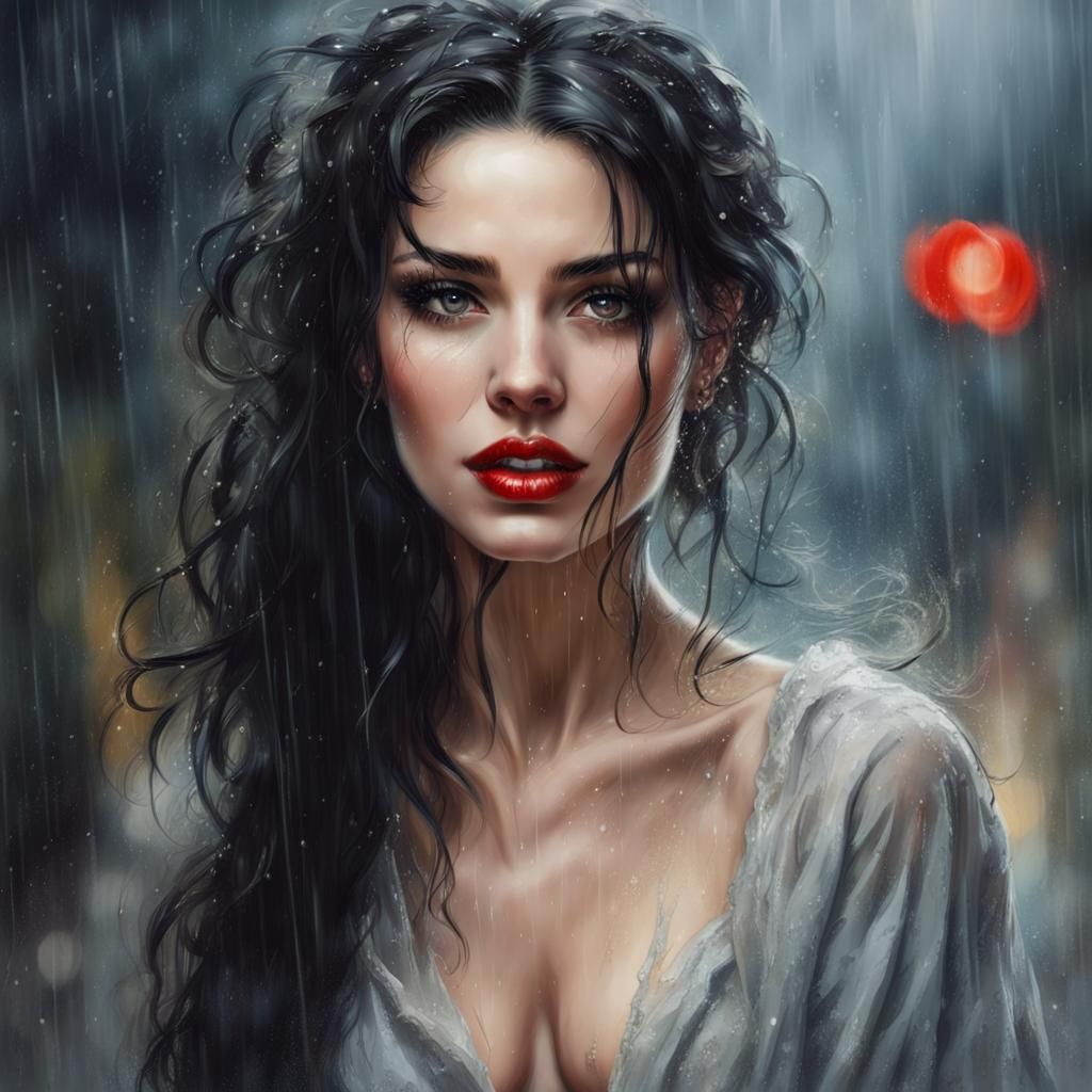 Beautiful Woman in Rain, Concept Art Portrait