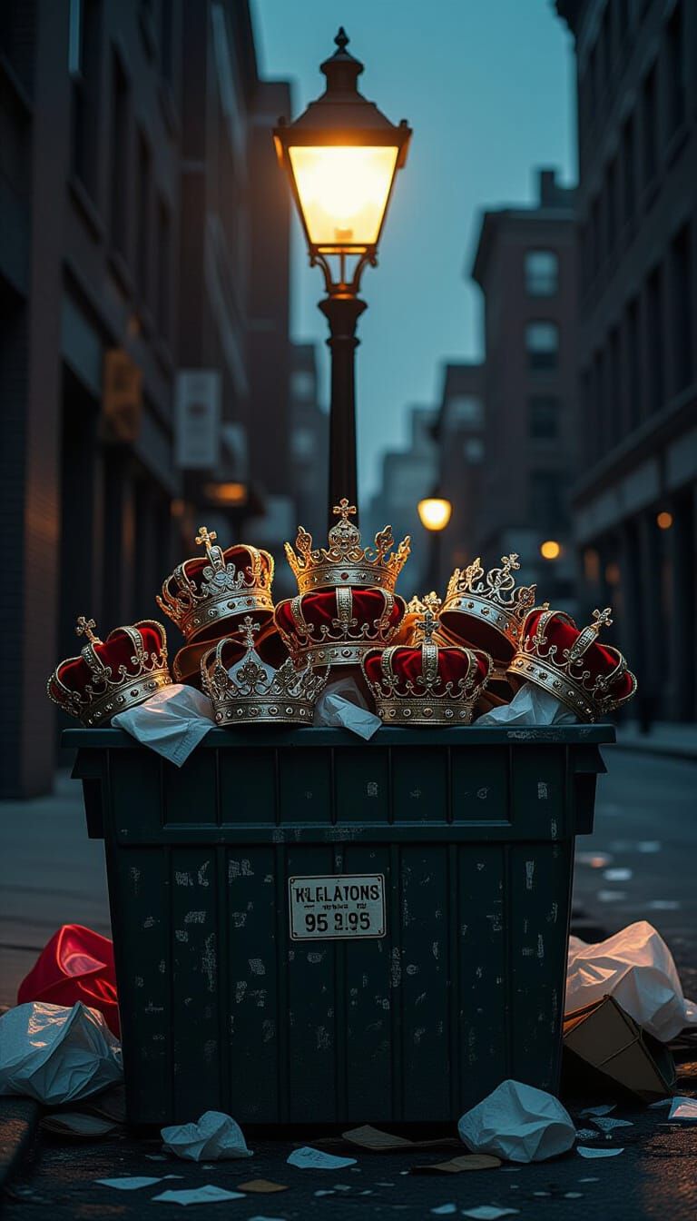 Discarded Royal Crowns in Grimy Urban Dumpster