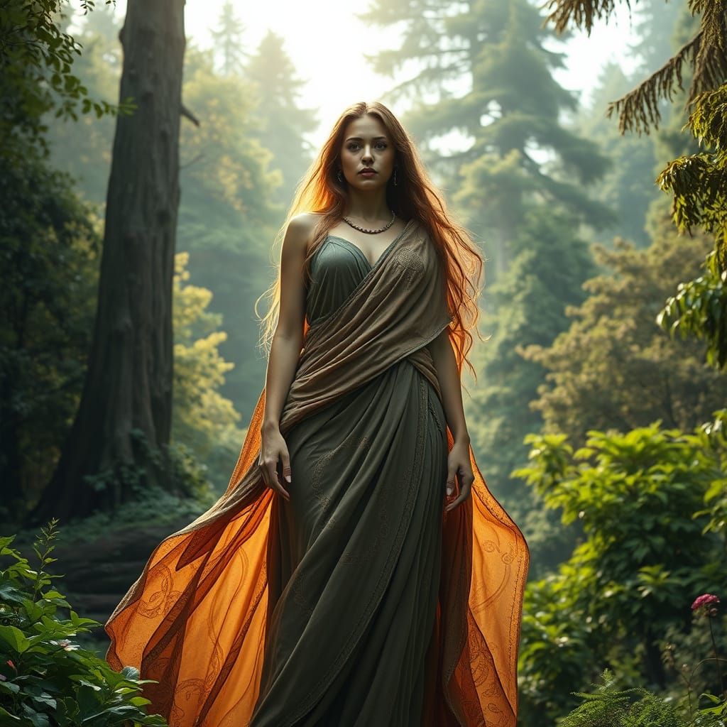 Earth Goddess in Serene Forest Landscape