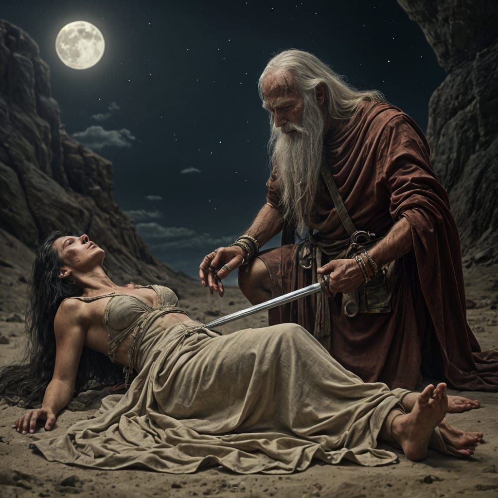 Mother's Despair in a Desert Graveyard at Night