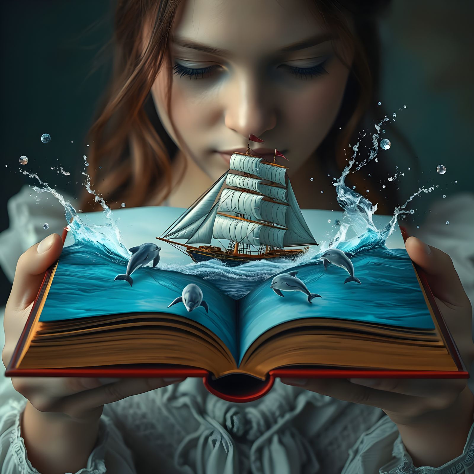 Surreal Girl with Book, Ship, and Dolphins