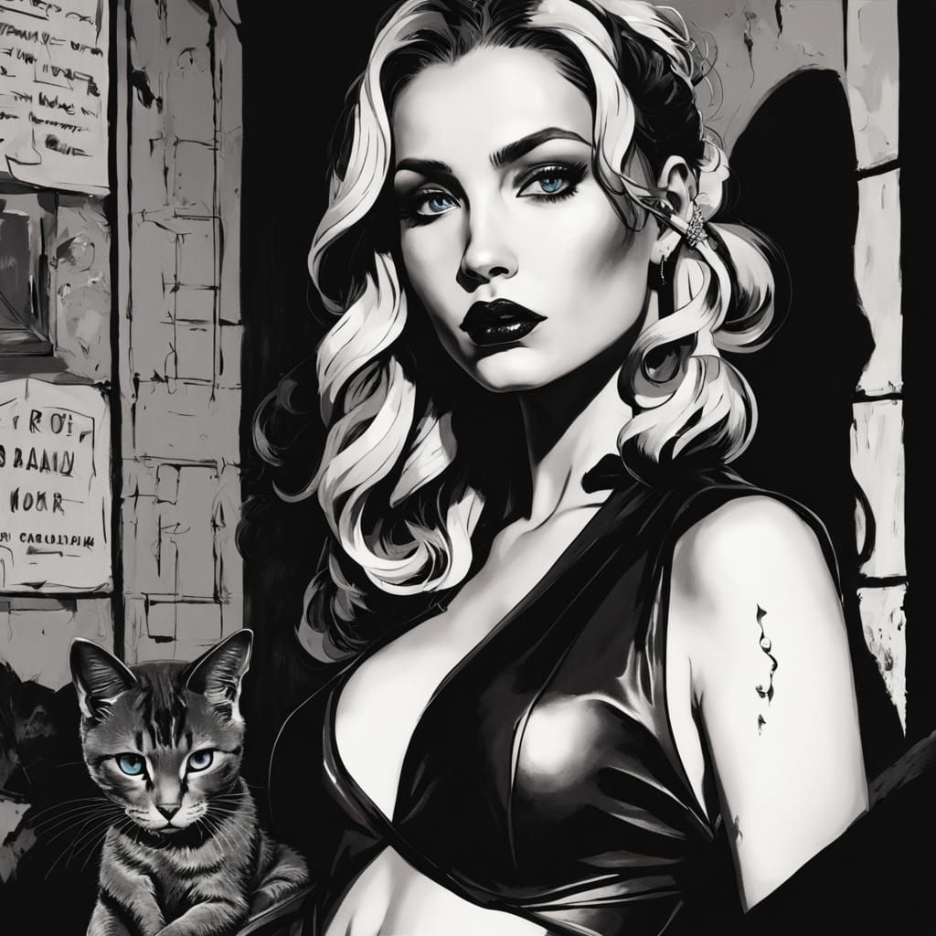 Sultry Femme Noire with Intricate Tattoos in Dark Alley