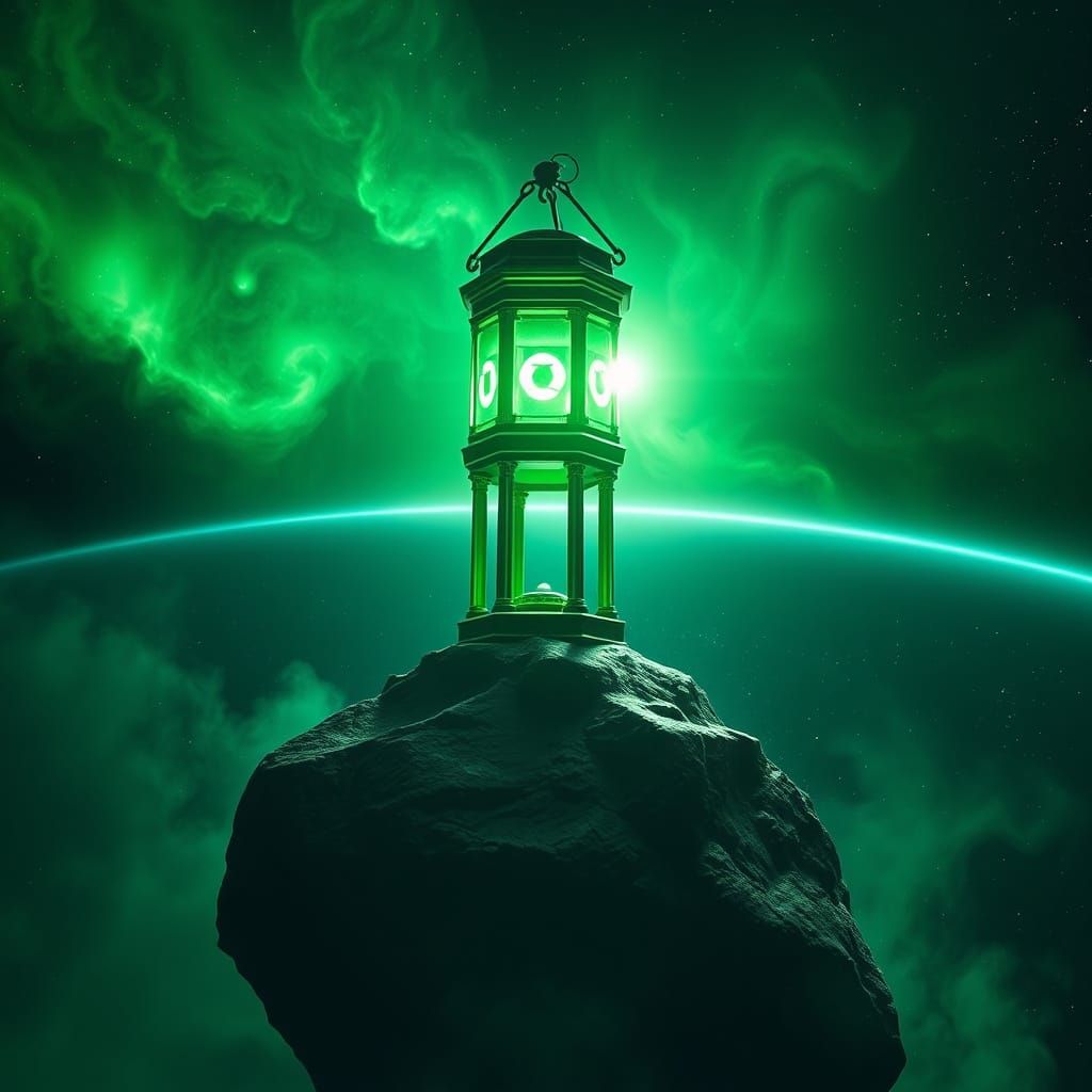 Green Lantern Rises from Asteroid, Earth in Distance