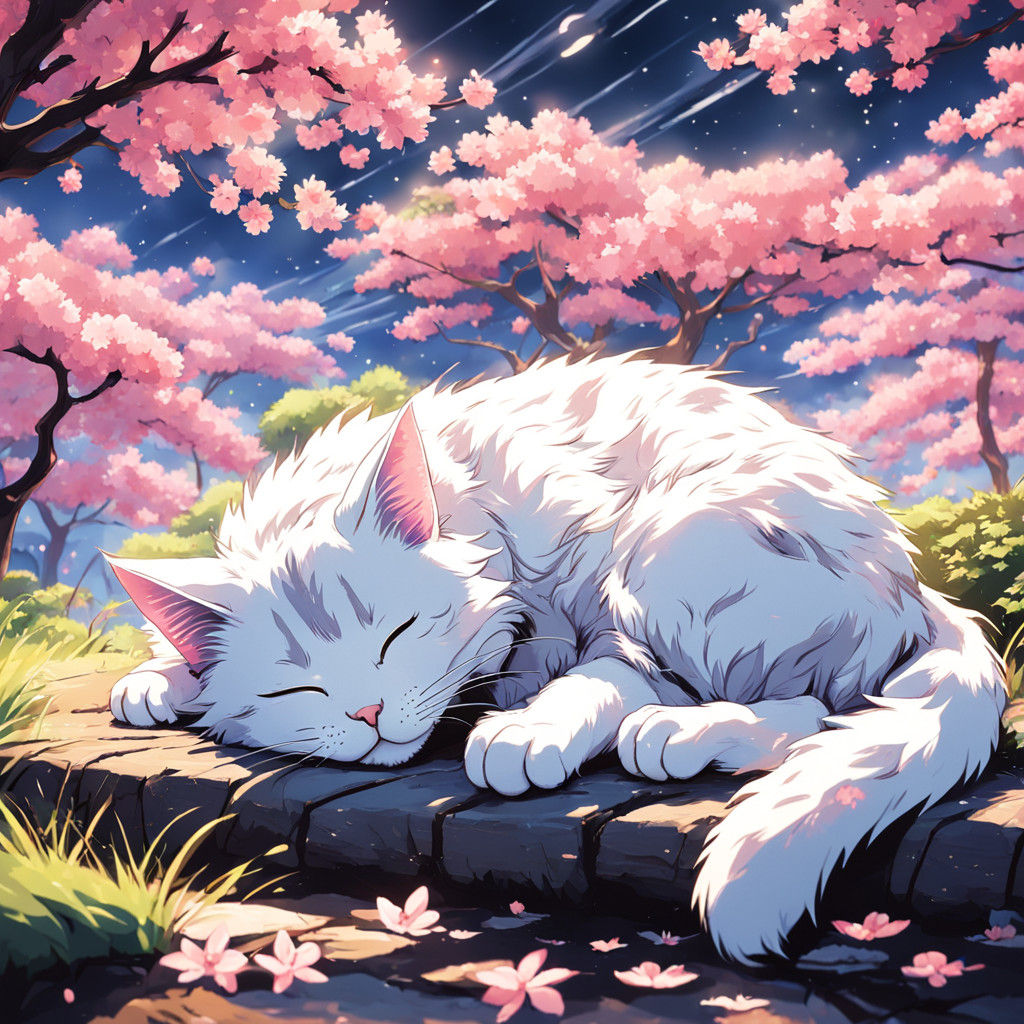Surreal Sakura Cat Slumbers in Exquisite Studio Ghibli Art