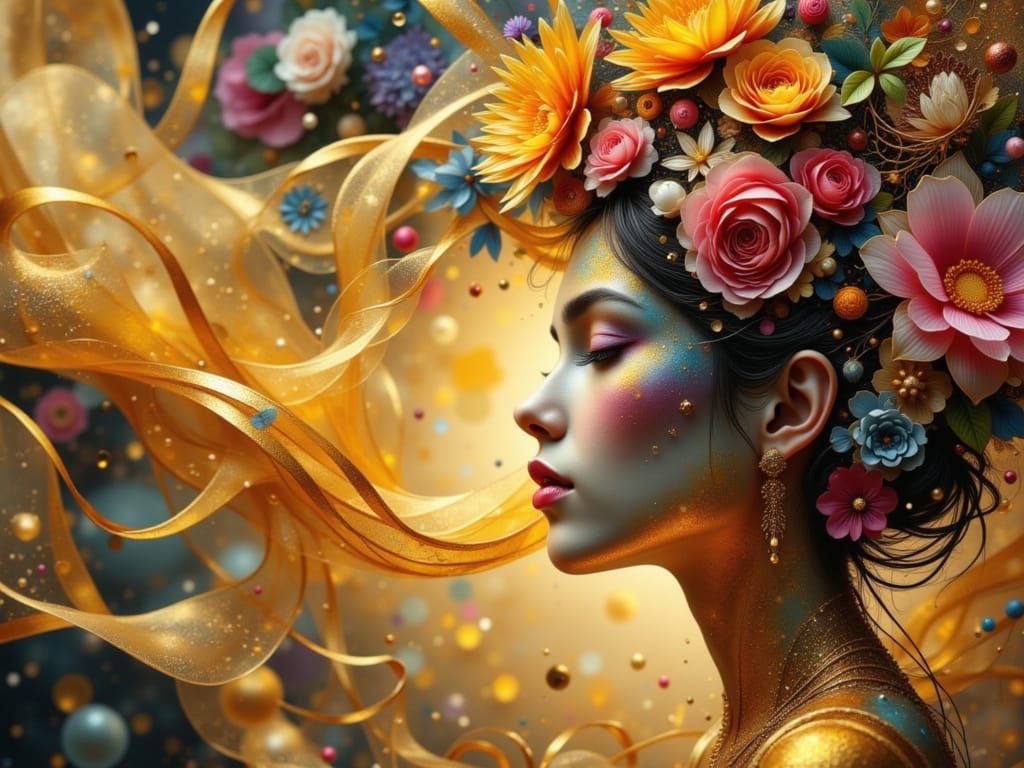 Surreal Metaphysical Abstraction with Floating Golden Ribbon...