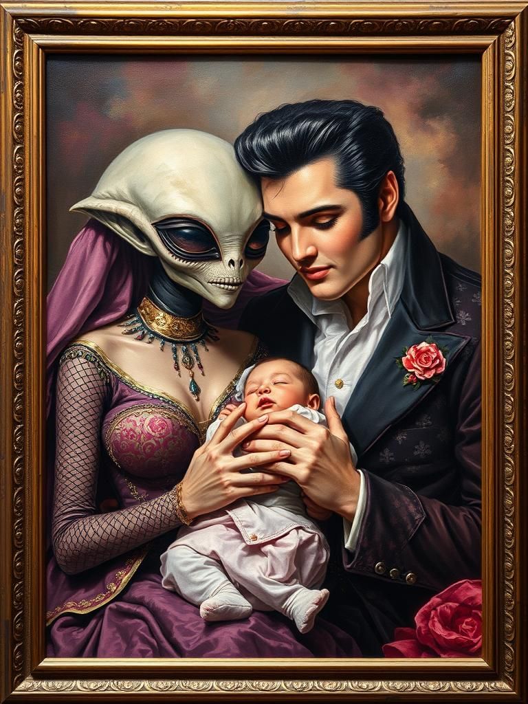 Elvis and Alien Family in Velvet Painting Style