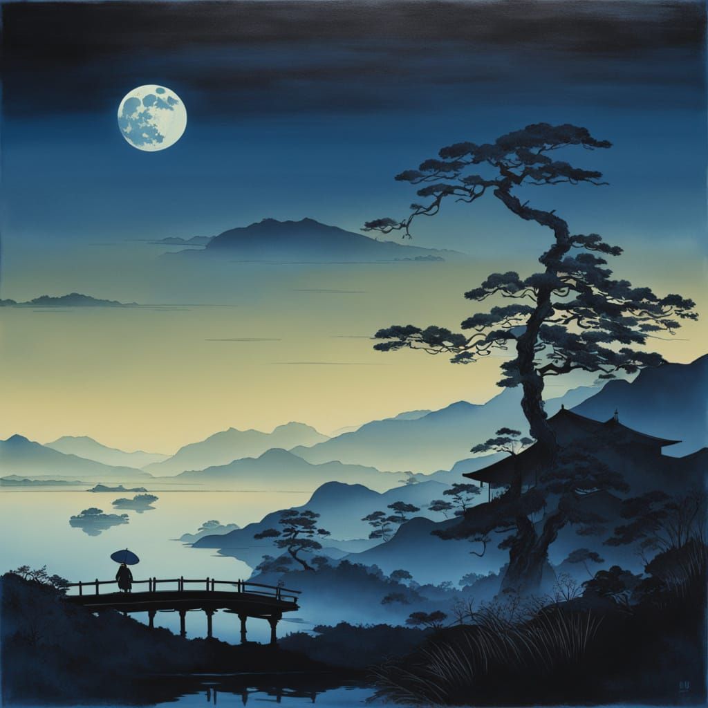 Samurai Under Blue Moonlit Sky