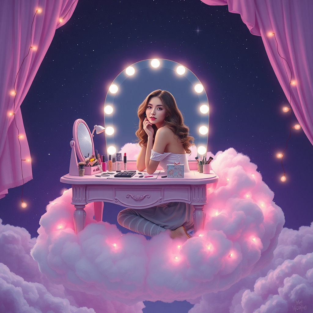 Dreamy Woman at Cloud Vanity in Night Sky