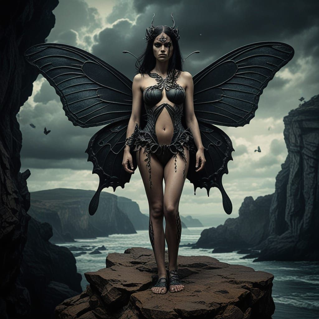 Dark Butterfly Guardian on Cliff in Outsider Art Style