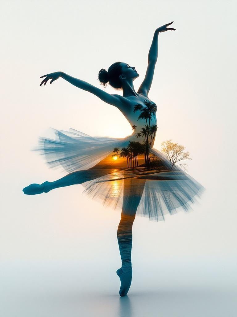 Ballerina Double Exposure with Beach and Ocean Scape