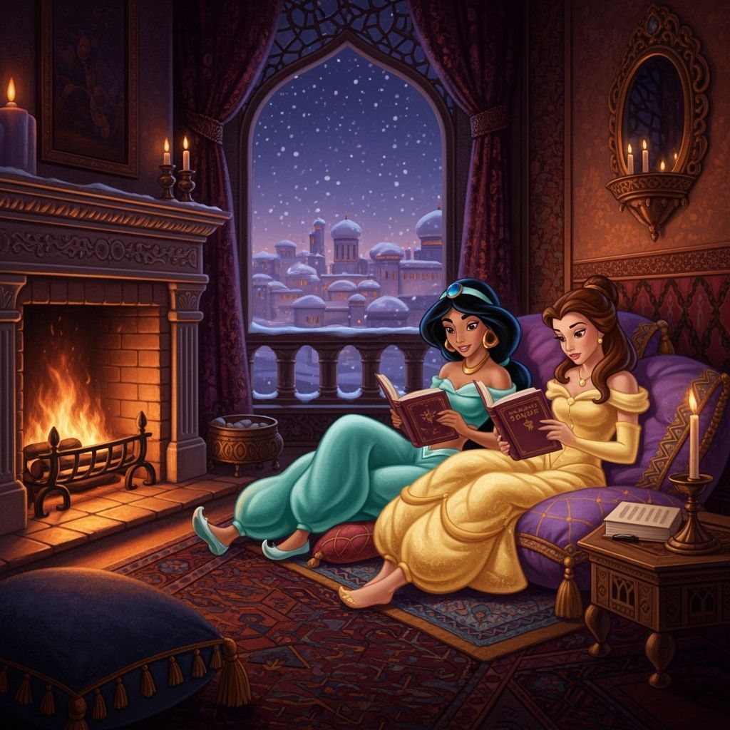Jasmine and Belle Reading by Fireplace in Snowy Agrabah