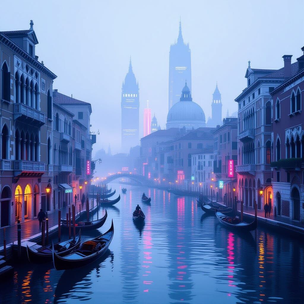 Cyberpunk Venice Cityscape with Neon Canals