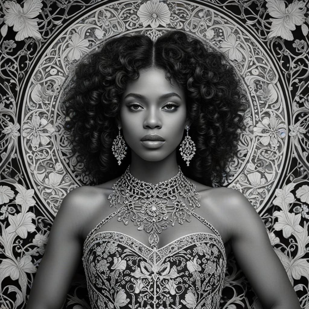 Monochromatic Portrait in Zentangle Art Nouveau Style