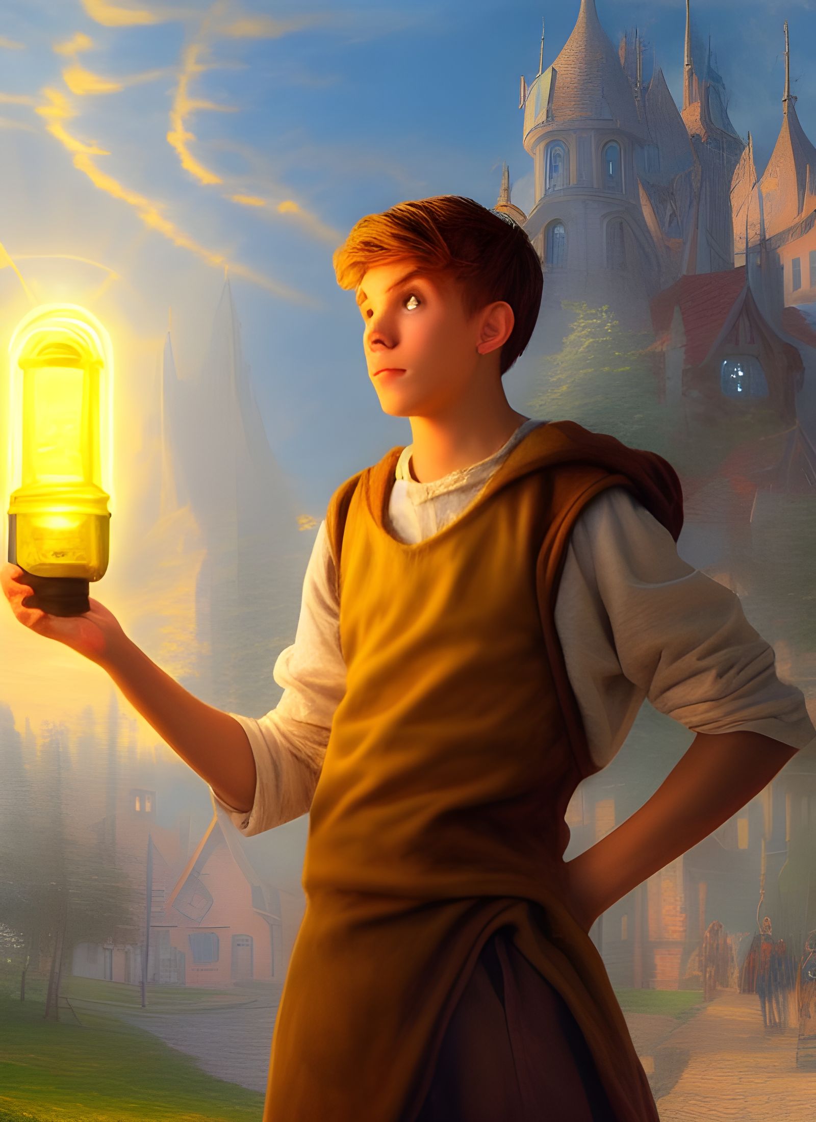 Boy Steals Glowing Bottles: Fantasy Art Nouveau