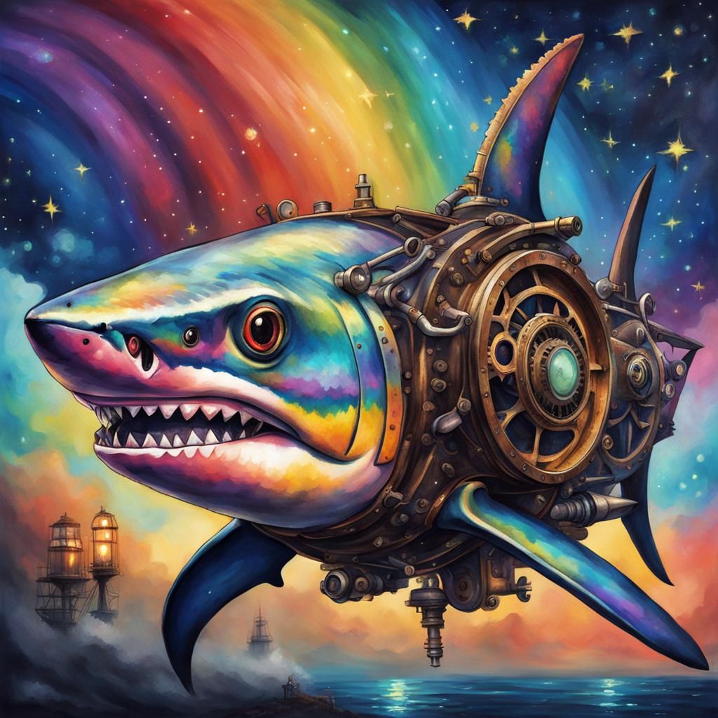 Rainbow Steampunk Shark Soaring Through Starry Skies