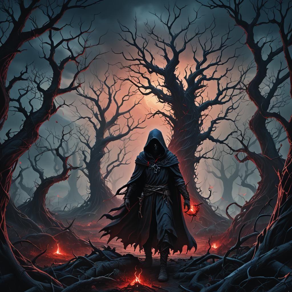 Dark Fantasy Hooded Figure in Nightmarish Landscape