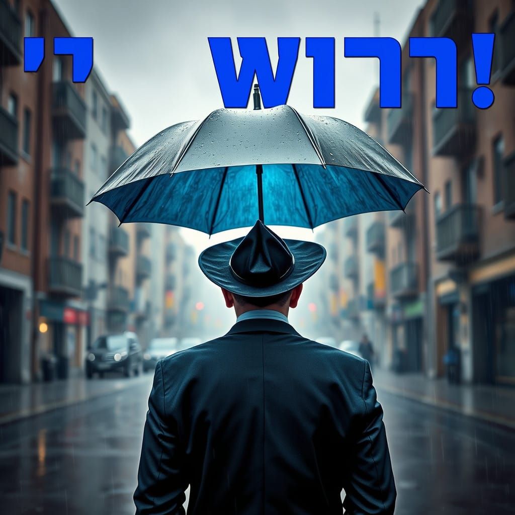 Haredi Man in City Rain Amidst High-Tech Umbrella