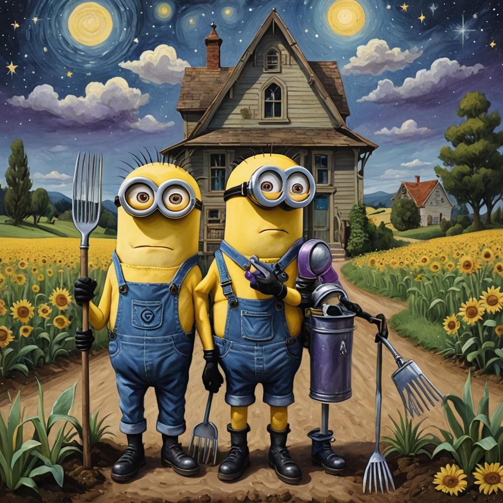 Minions in the style of American Gothic painting, whimsical approach, one Minion as the pitchfork-holding farmer wearing...