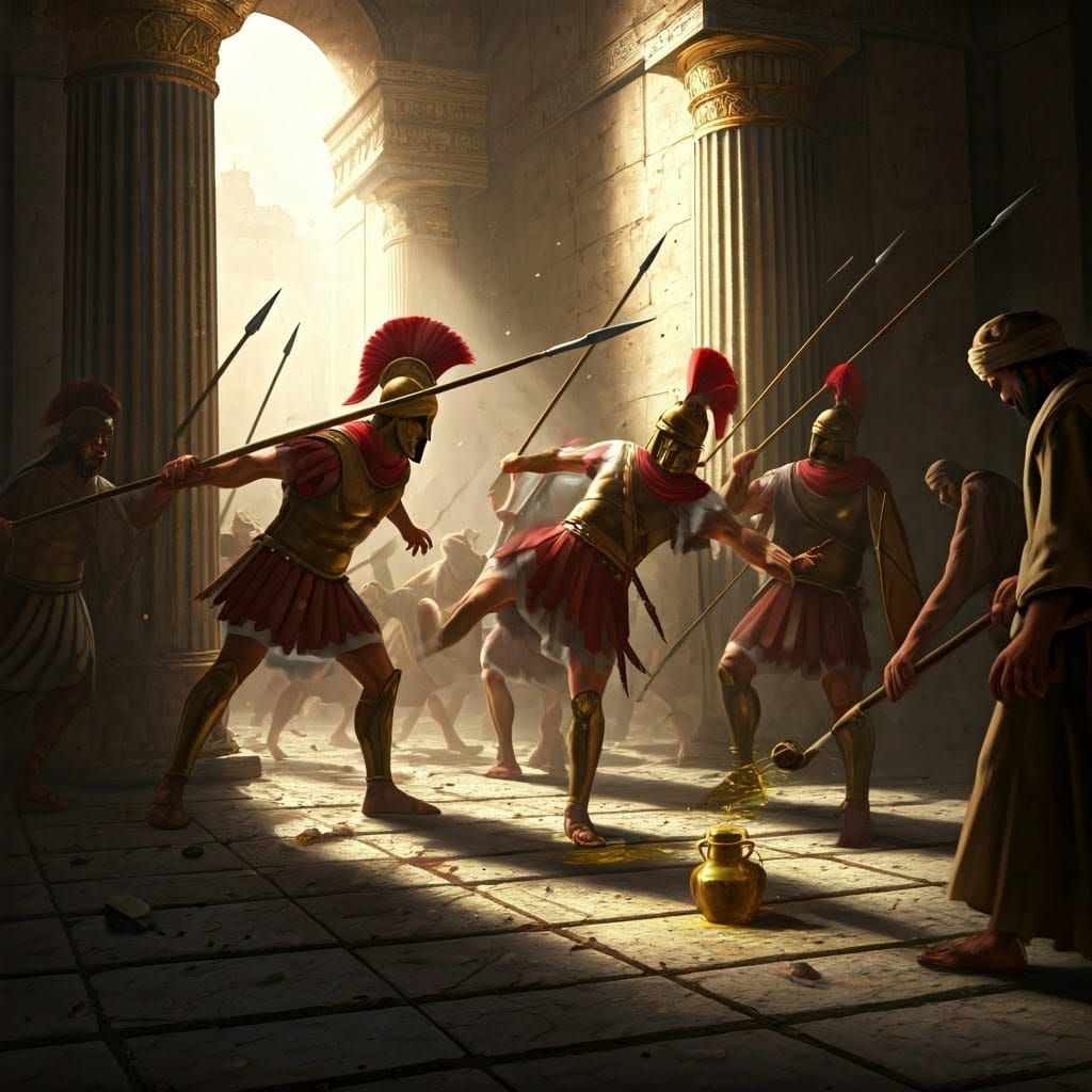 Temple Desecration by Greek Soldiers in Baroque Style