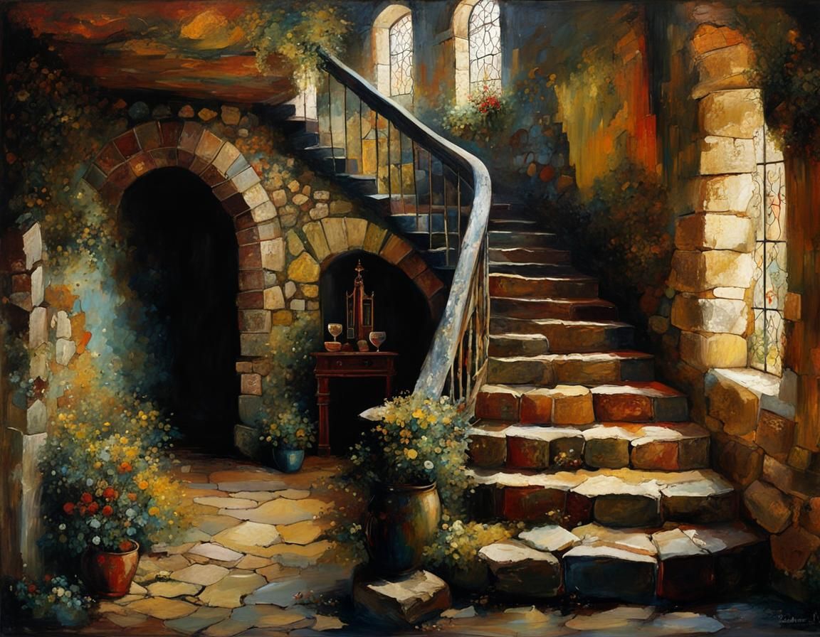 Medieval Castle Hidden Staircase: Encaustic Painting Style