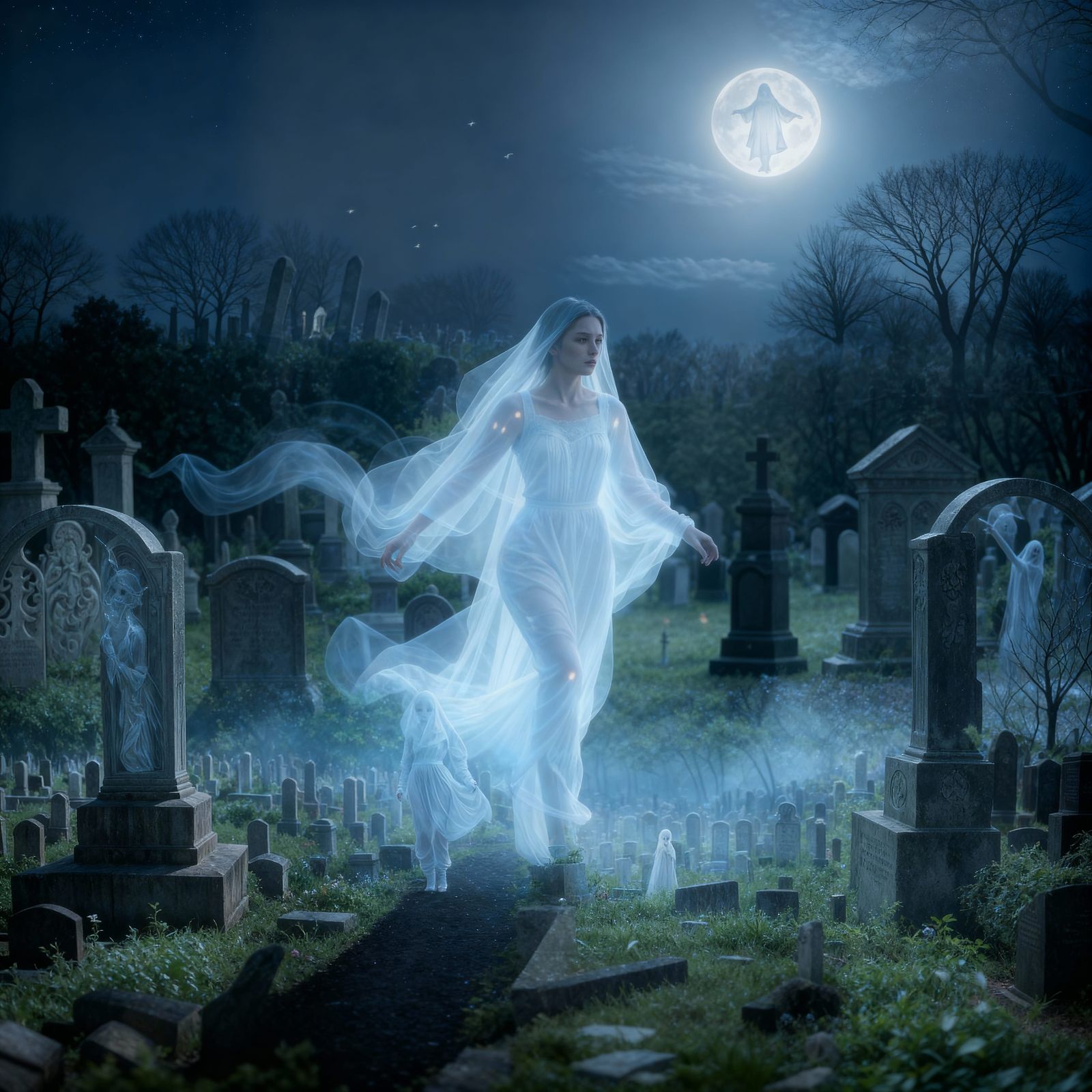 Transparent Ghost Wanders Through Cemetery