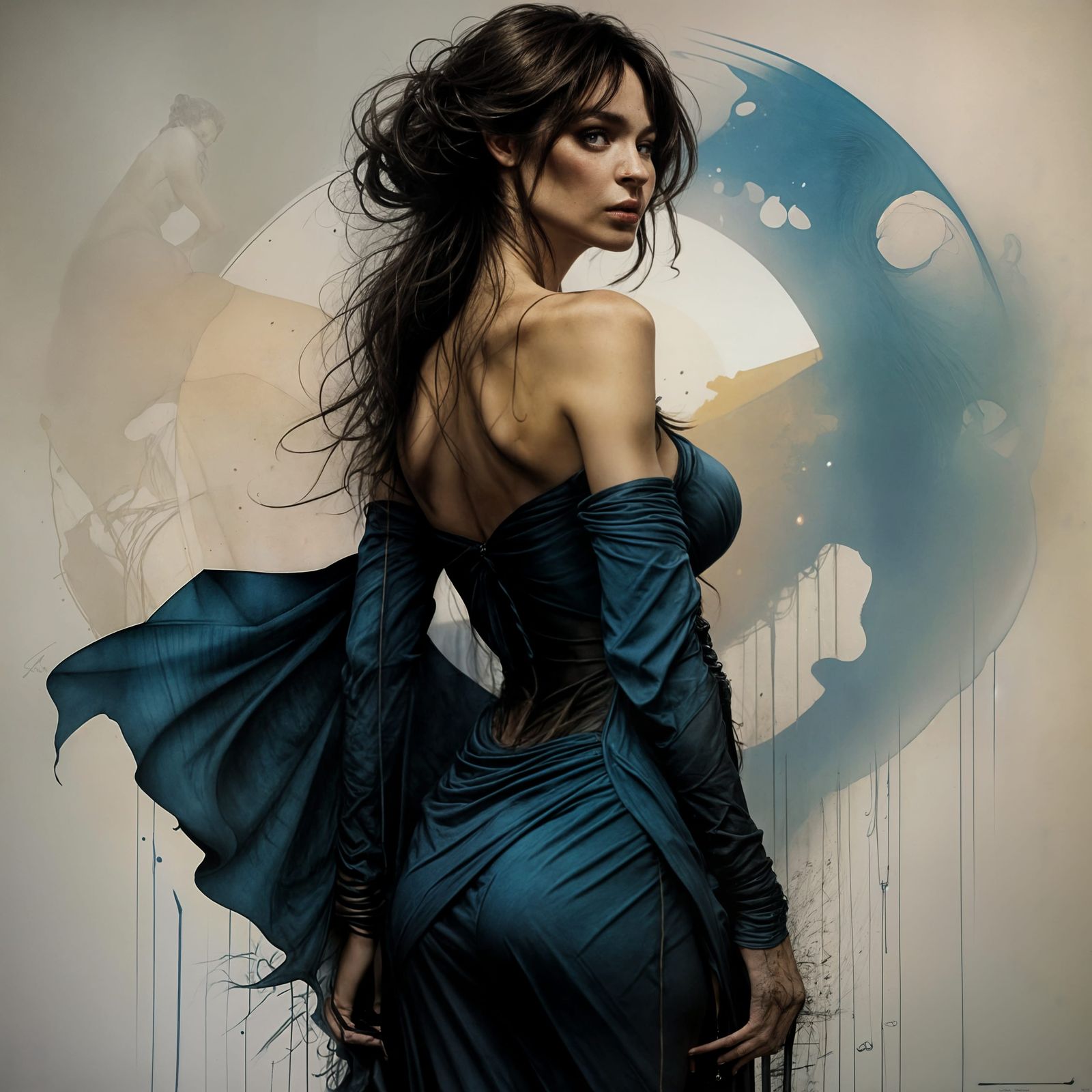 Brunette Girl Rear View in Loose Painterly Style