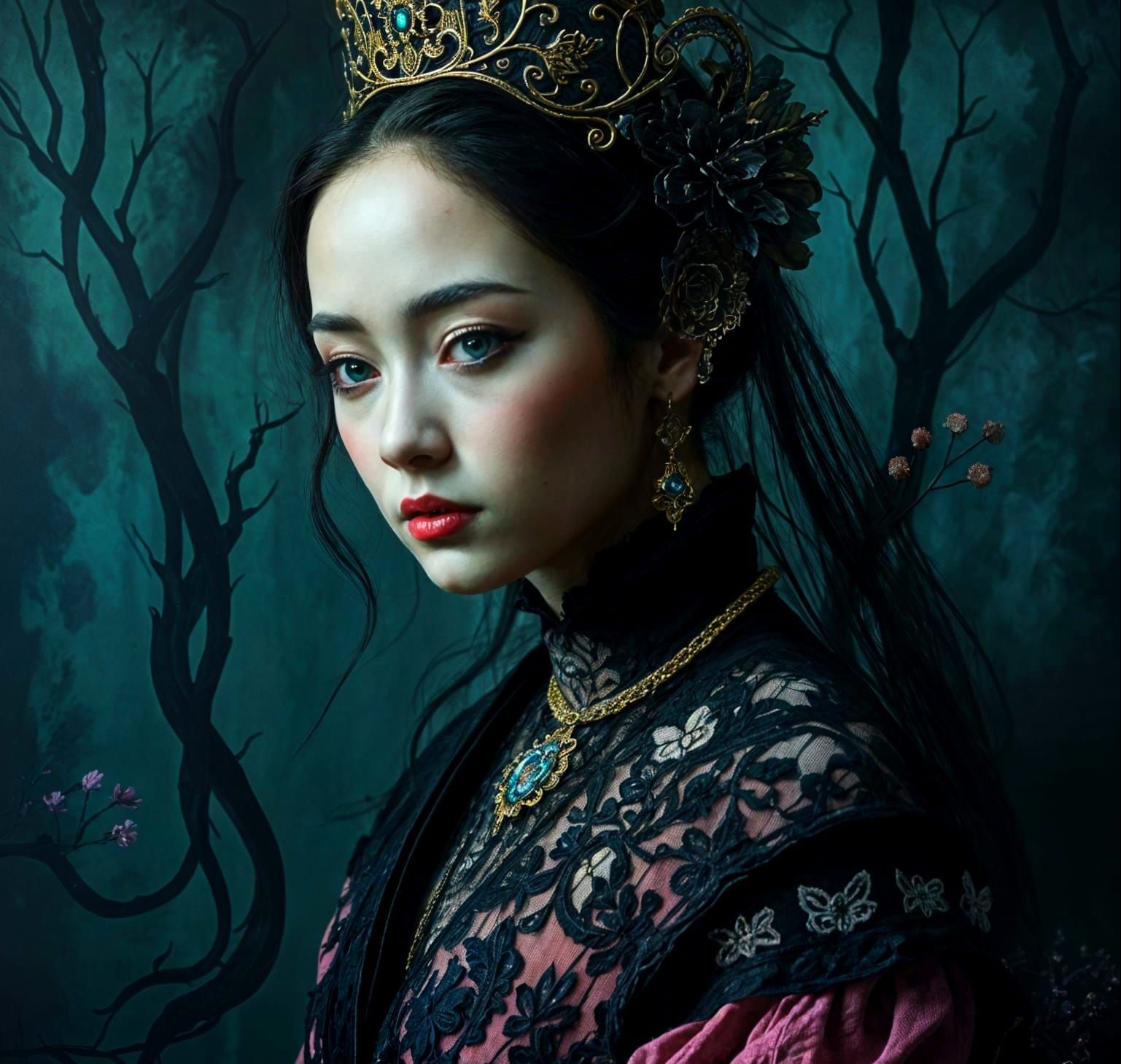 Dark Eerie Princess Portrait in Traditional Oil Painting Sty...