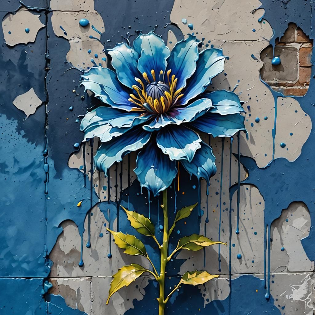 Blue Flower Blooms on City Wall in Splash Art