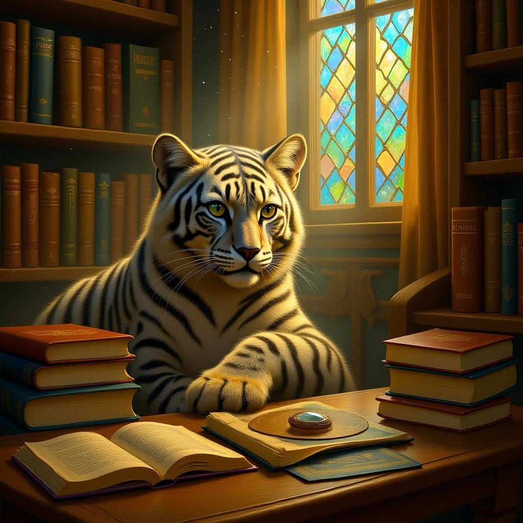 Snow Leopard in Library, Digital Painting Style