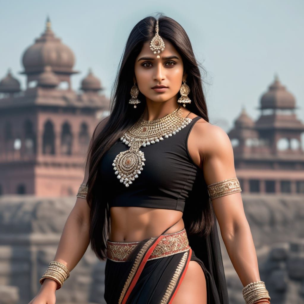Hypermuscular Indian Woman in Traditional Attire