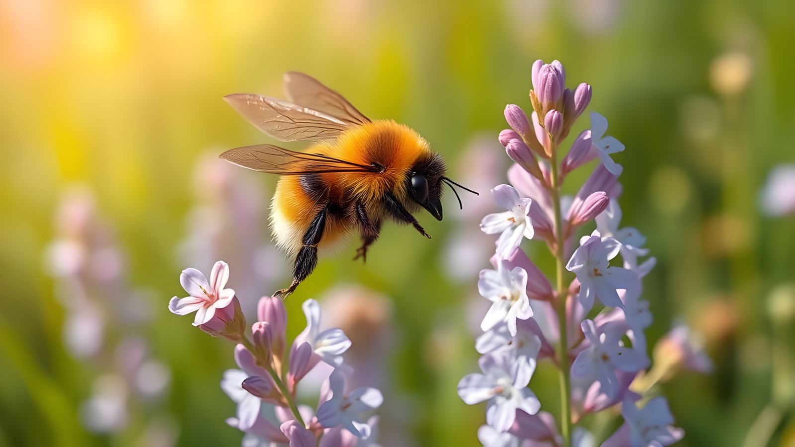 Bumblebee in Flight Over a Field of Flowers