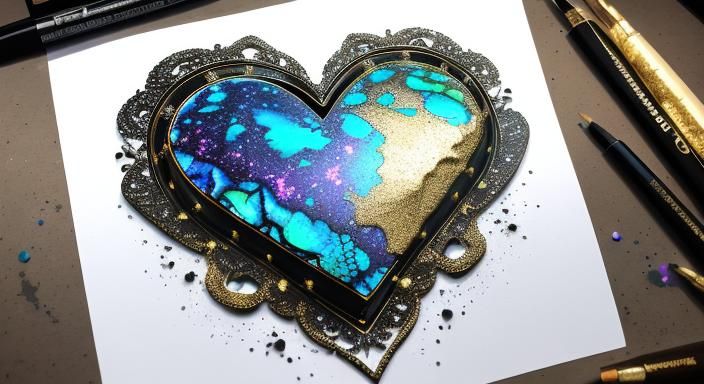 Heart Cake with Gold Filigree in Splatter Ink Style