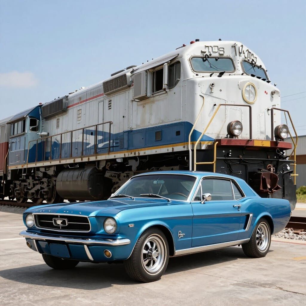 1966 Mustang Beside Vintage Locomotive
