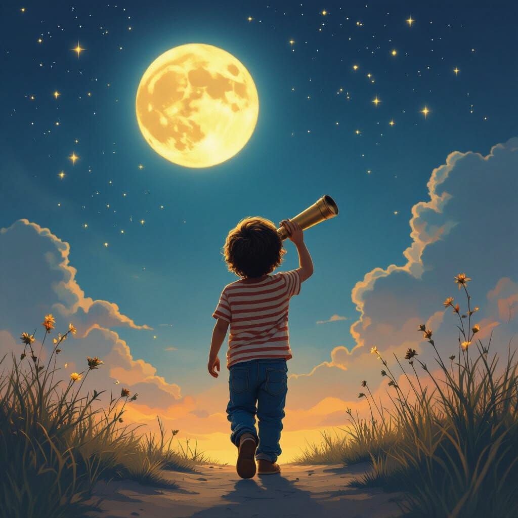 Child Gazes at Luminous Moon with Telescope