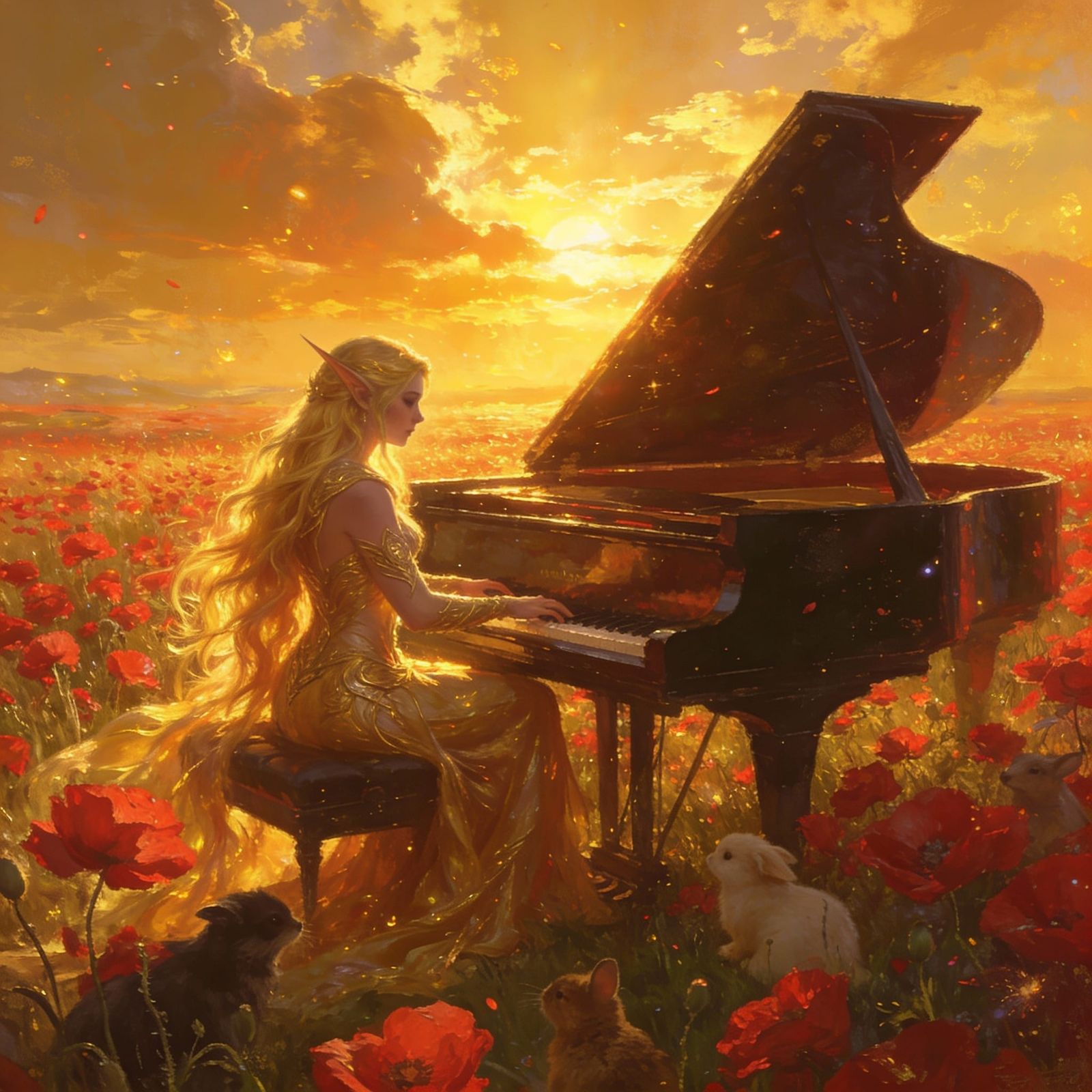 Elven Woman Plays Piano in Flower Field at Sunset