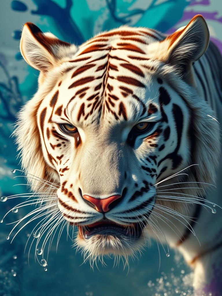 Hyperrealistic White Tiger Hunting with Abstract Colors