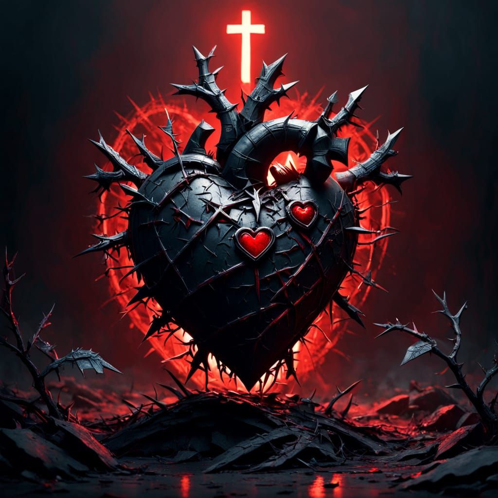 Gothic Metal Heart Adorned With Thorns and Rosebud