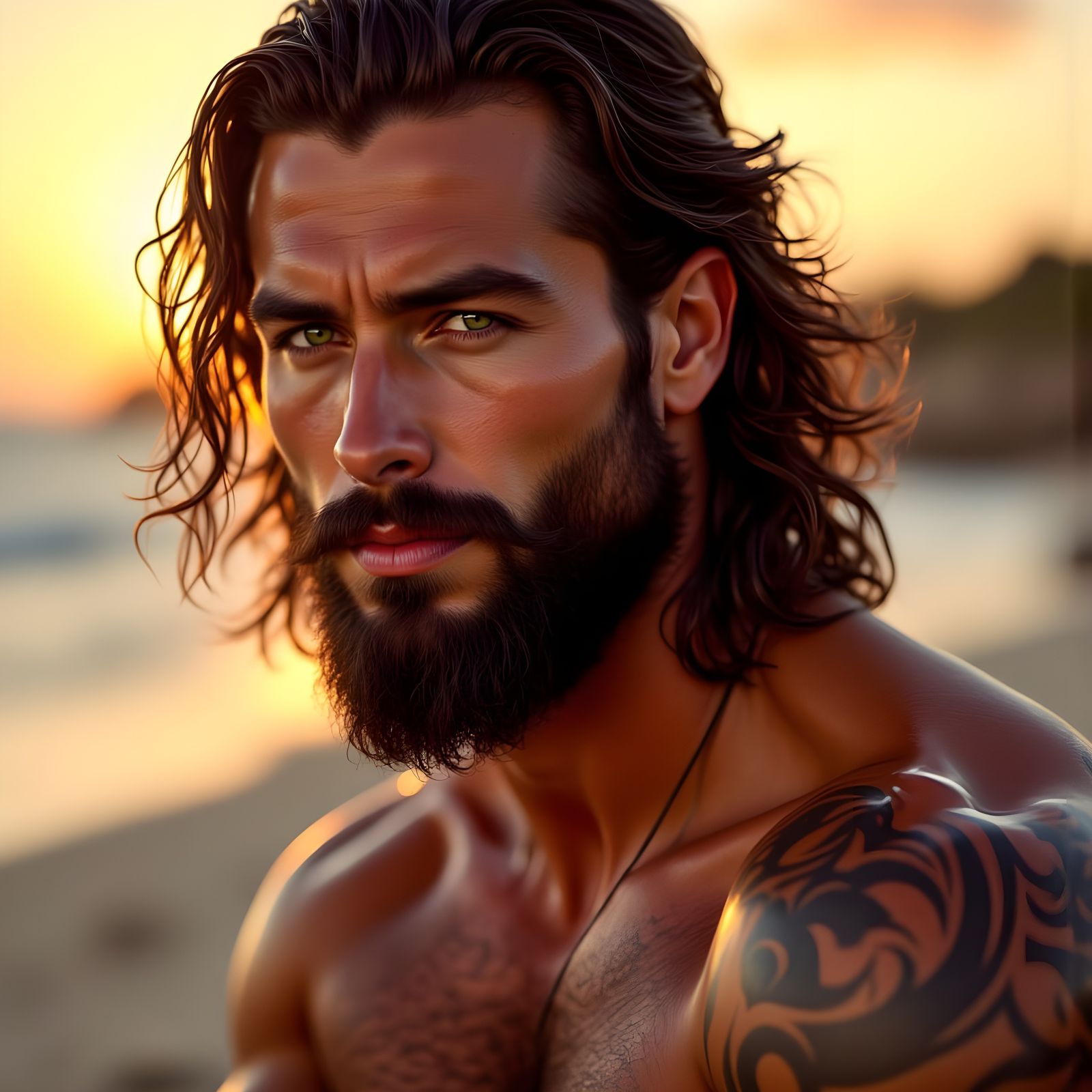 Muscular Man with Wavy Hair in Golden Hour Light