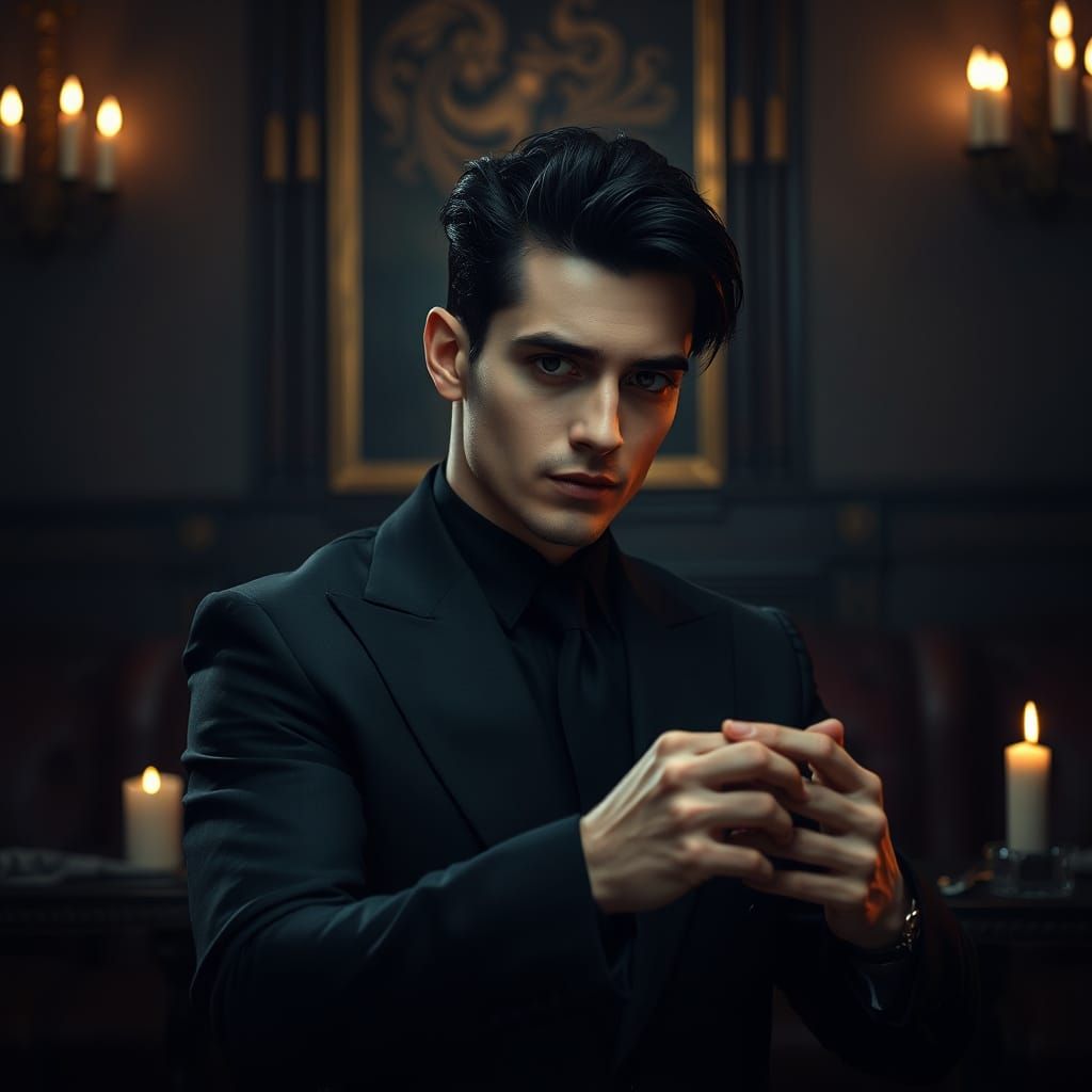 Gothic Man Prepares Romantic Date in Dimly Lit Space