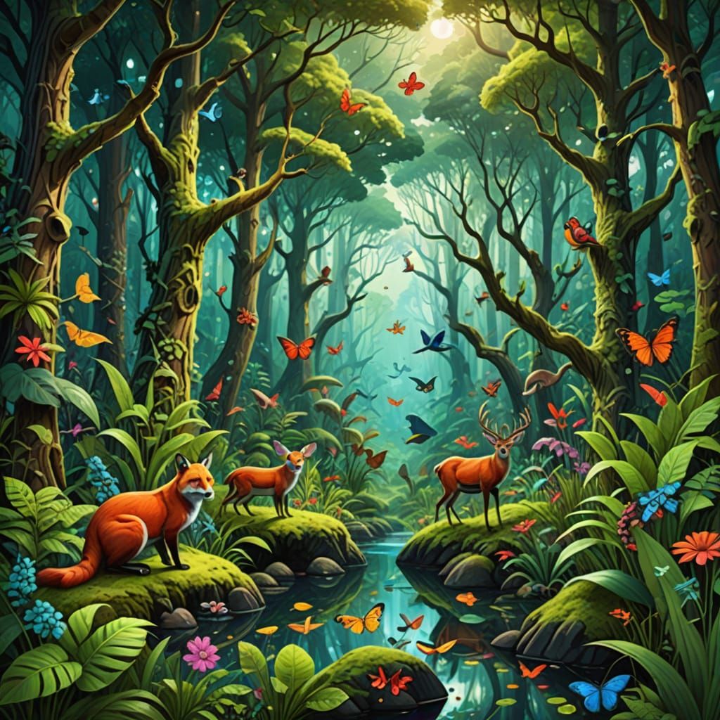 Lush Forest Scene with Wildlife in Dreamlike Digital Art